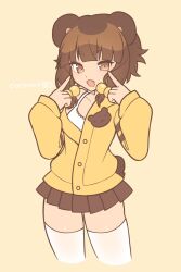 Rule 34 | 1girl, :d, animal ears, artist name, bear ears, bear girl, bear tail, blunt bangs, brown eyes, brown hair, brown skirt, brown tail, camisole, cardigan, chestnut mouth, cropped legs, fang, hair bobbles, hair ornament, hands up, highres, index fingers raised, kumiko (coconat003), long sleeves, looking at viewer, miniskirt, nat (coconat003), open mouth, original, pleated skirt, pointing, pointing at self, short hair, simple background, skirt, smile, solo, tail, thighhighs, white camisole, white thighhighs, yellow background, yellow cardigan
