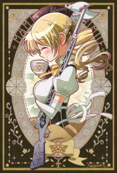 Rule 34 | 1girl, arm under breasts, art nouveau, artist name, blush, bow, breasts, brown pants, character name, closed eyes, closed mouth, commentary request, cup, drill hair, drink, flower, gun, hair flower, hair ornament, highres, holding, holding cup, holding weapon, large breasts, long hair, magical girl, mahou shoujo madoka magica, mahou shoujo madoka magica (anime), pants, rifle, shirt, signature, smile, solo, tomoe mami, tomoe mami (magical girl), twin drills, weapon, white shirt, yae harura, yellow bow, yellow flower
