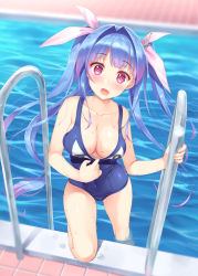 Rule 34 | 10s, 1girl, asahina hikage, blue hair, blush, breasts, cleavage, clothes pull, collarbone, fang, hair ribbon, i-19 (kancolle), kantai collection, large breasts, long hair, looking at viewer, name tag, one-piece swimsuit, one-piece swimsuit pull, open mouth, partially submerged, pool, pool ladder, poolside, red eyes, ribbon, school swimsuit, smile, solo, star-shaped pupils, star (symbol), swimsuit, symbol-shaped pupils, tri tails, twintails, wading, water, wet