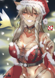 Rule 34 | 1girl, animal ears, bell, neck bell, blonde hair, blush, breasts, cleavage, collar, fate/grand order, fate (series), grin, highres, large breasts, long hair, looking at viewer, nail polish, red nails, santa costume, smile, solo, suzuka gozen (fate), suzuka gozen (santa) (fate), tgxx3300