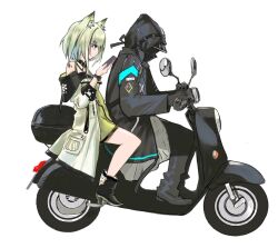 Rule 34 | 1girl, 1other, ambiguous gender, animal ear fluff, animal ears, ankle boots, arknights, black coat, black footwear, black gloves, black pants, boots, cat ears, cellphone, coat, doctor (arknights), dress, driving, full body, gloves, green dress, green hair, holding, holding phone, hood, hood up, hooded coat, jacket, kal&#039;tsit (arknights), kantaro, looking at phone, mask, material growth, motor vehicle, off shoulder, on scooter, oripathy lesion (arknights), pants, parody, phone, scooter, short hair, simple background, smartphone, star of life, white background, white jacket