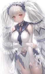 Rule 34 | 1girl, absurdres, azur lane, backlighting, blue choker, blue ribbon, blush, breasts, choker, closed mouth, clothing cutout, commentary, cowboy shot, detached sleeves, dress, expressionless, eyelashes, formidable (azur lane), formidable (timeless classics) (azur lane), frilled hairband, frills, hair ribbon, hairband, highres, large breasts, long hair, looking at viewer, makai no juumin, navel cutout, neck ribbon, official alternate costume, red eyes, ribbon, sailor collar, see-through, silver hair, simple background, solo, thighs, twintails, veil, very long hair, white background, white dress