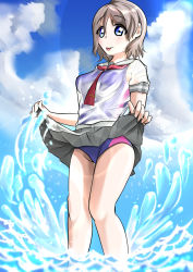 Rule 34 | 1girl, 946p, :p, artist name, artist request, blue eyes, blue sky, blush, breasts, cloud, collarbone, collared shirt, day, female focus, grey hair, grey skirt, holding, holding clothes, holding skirt, kneehighs, light brown hair, looking at viewer, love live!, love live! sunshine!!, ocean, otonokizaka school uniform, outdoors, pleated skirt, red neckwear, sailor collar, school uniform, shirt, short hair, short sleeves, skirt, sky, small breasts, smile, socks, solo, splashing, swimsuit, swimsuit under clothes, tongue, tongue out, watanabe you, white shirt
