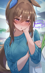 Rule 34 | 1girl, :o, admire vega (umamusume), animal ears, az nyam, bag, blurry, blurry background, blush, brown hair, commentary request, hand on own cheek, hand on own face, highres, horse ears, horse girl, jewelry, spring onion, long hair, long sleeves, looking down, necklace, nose blush, outdoors, plastic bag, purple eyes, solo, translation request, umamusume, upper body