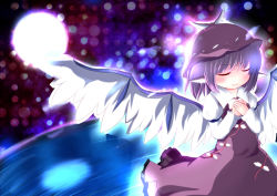 Rule 34 | 1girl, animal ears, dress, closed eyes, female focus, glowing, hands on own chest, hat, long sleeves, mystia lorelei, own hands together, purple hair, short hair, smile, solo, touhou, wings, zetz