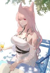 Rule 34 | 1girl, absurdres, animal ears, aoi tooru, arknights, bare shoulders, black choker, book, breasts, chair, choker, cleavage, closed mouth, cup, dress, drinking glass, highres, holding, holding cup, large breasts, long hair, long sleeves, off-shoulder dress, off shoulder, open book, pink eyes, pink hair, pozyomka (arknights), sitting, smile, solo, very long hair, white dress, wolf ears