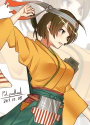 Rule 34 | 1girl, arrow (projectile), artist name, bad id, bad twitter id, breasts, brown eyes, brown hair, cowboy shot, dated, flight deck, from side, hiryuu (kancolle), hiryuu kai ni (kancolle), holding, holding arrow, japanese clothes, kantai collection, large breasts, looking to the side, open mouth, pallad, quiver, short hair, signature, solo