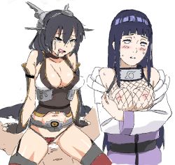 Rule 34 | 10s, 2girls, bare shoulders, black hair, blue hair, blunt bangs, blush, breast hold, breasts, cleavage, clothed sex, clothing aside, cowgirl position, fingerless gloves, fishnets, girl on top, gloves, hair ornament, hyuuga hinata, jacket, kantai collection, large breasts, licking lips, long hair, m3 (cober), multiple girls, nagato (kancolle), naruto (series), naruto shippuuden, navel, nipples, no bra, open clothes, open mouth, panties, panties aside, purple eyes, saliva, sex, sketch, standing, straddling, sweat, tears, thighhighs, tongue, tongue out, uncensored, underwear, vaginal, very long hair