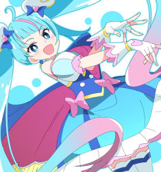 Rule 34 | 1girl, :d, blue eyes, blue hair, blue skirt, blunt bangs, cure sky, fingerless gloves, gloves, gradient hair, hirogaru sky! precure, ixy, long hair, looking at viewer, magical girl, multicolored hair, open mouth, pink hair, precure, simple background, skirt, smile, solo, sora harewataru, thighhighs, thighs, twintails, very long hair, white background, white gloves, white thighhighs