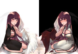 Rule 34 | absurdres, angel wings, bed, black dress, black vs white, blush, breasts, cleavage, closed mouth, demon wings, dress, female focus, finger to mouth, girls&#039; frontline, hand on head, highres, long hair, looking at viewer, lying, medium breasts, on side, purple hair, red eyes, shushing, stigmamyu, tears, wa2000 (girls&#039; frontline), white dress, wings