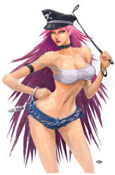 Rule 34 | 1girl, aqua eyes, bare legs, bare shoulders, bra, bracelet, breasts, capcom, choker, cleavage, cuffs, eric vedder, final fight, fingernails, hand on own hip, handcuffs, hat, hip focus, holding, holding riding crop, jewelry, lipstick, long fingernails, long hair, looking at viewer, makeup, midriff, nail polish, navel, peaked cap, pink hair, pink lips, pink nails, poison (final fight), riding crop, shorts, signature, simple background, street fighter, street fighter x tekken, underwear, very long hair, whip