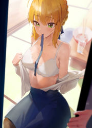 Rule 34 | 1girl, 1other, absurdres, ahoge, artoria pendragon (all), artoria pendragon (fate), black pantyhose, blonde hair, blue ribbon, blue skirt, blurry, blurry background, blush, bowl, bra, breasts, chopsticks, cleavage, collarbone, fate/stay night, fate (series), glass, green eyes, hair between eyes, hair ribbon, highres, indoors, looking at viewer, looking down, medium breasts, midriff, mouth hold, open clothes, open shirt, out of frame, pantyhose, ribbon, ribbon between breasts, ribbon in mouth, rororo, saber (fate), shirt, sidelocks, sitting, skirt, solo focus, sweat, underwear, undressing, walk-in, white bra, white shirt