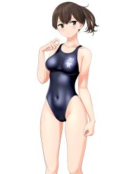 Rule 34 | 1girl, absurdres, black one-piece swimsuit, breasts, brown eyes, brown hair, clothes writing, commentary request, competition swimsuit, covered navel, cowboy shot, feet out of frame, highres, kaga (kancolle), kantai collection, looking at viewer, medium breasts, medium hair, multicolored clothes, one-piece swimsuit, side ponytail, simple background, solo, standing, swimsuit, takafumi, variant set, white background