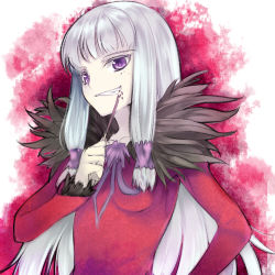 Rule 34 | 1girl, agria (tales), breasts, dress, food, fur, grey hair, grin, long hair, low-tied long hair, lowres, pocky, purple eyes, red background, smile, tales of (series), tales of xillia