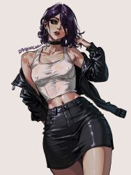 Rule 34 | 1girl, absurdres, arm behind back, bare shoulders, black choker, black jacket, breasts, chainsaw man, choker, closed mouth, collarbone, commentary, covered erect nipples, cowboy shot, crop top, earrings, eyeliner, eyeshadow, green eyes, grenade pin, hair bun, hair over one eye, hand up, highres, holding, holding hair, hoop earrings, jacket, jewelry, latex, leaning to the side, lipstick, long sleeves, looking at viewer, makeup, medium breasts, midriff, miniskirt, mouse, navel, open clothes, open jacket, parted lips, pencil skirt, purple hair, red lips, reze (chainsaw man), see-through, short hair, simple background, single side bun, skin tight, skirt, solo, tank top, toned, unzipped, white background, zipper, zu yuan cesar