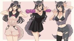 Rule 34 | 3girls, animal ears, asymmetrical legwear, bikini, black bikini, black dress, black hair, black thighhighs, blush, bow, breasts, choker, cleavage, cleavage cutout, clothing cutout, collarbone, detached sleeves, dress, fake animal ears, hair between eyes, highres, idolmaster, idolmaster shiny colors, jewelry, large breasts, long hair, looking at viewer, medium hair, midriff, multiple girls, navel, necklace, open mouth, paddy field, pants, partially unzipped, paw pose, pink dress, purple bow, purple sleeves, sailor collar, shirase sakuya, swimsuit, tail, thighhighs, torn clothes, torn pants, twintails, wavy hair, wolf ears, wolf tail, wrist cuffs, yellow eyes