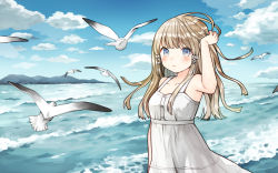 Rule 34 | 1girl, animal, arm up, bare arms, bare shoulders, bird, blue eyes, blue sky, blush, bow, breasts, cloud, collarbone, commentary request, day, dress, hair bow, hand in own hair, horizon, kurata rine, long hair, looking at viewer, ocean, original, outdoors, parted lips, seagull, sky, sleeveless, sleeveless dress, small breasts, solo, waves, white bow, white dress
