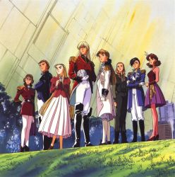 Rule 34 | 1990s (style), 2boys, 6+girls, ascot, asymmetrical hair, blonde hair, boots, braid, brother and sister, brown hair, catherine bloom, dorothy catalonia, epaulettes, everyone, eyebrows, forked eyebrows, glasses, gloves, grass, gundam, gundam wing, high heels, highres, lady une, long hair, lucrezia noin, mask, military, military uniform, milliardo peacecraft, multiple boys, multiple girls, murase shuko, pantyhose, plant, relena peacecraft, retro artstyle, sally po, shoes, siblings, space, tree, treize khushrenada, twin braids, uniform, white pantyhose, zechs merquise