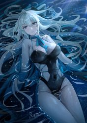 Rule 34 | 1girl, blue eyes, breasts, cleavage, fate/grand order, fate (series), hair down, highres, large breasts, long hair, looking at viewer, lying on water, morgan le fay (fate), one-piece swimsuit, partially submerged, sakatsuki yakumo, solo, swimsuit, wavy hair, white hair