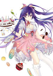 Rule 34 | 1girl, absurdres, birthday cake, bow, breasts, cake, cleavage, date a live, doughnut, dress, food, gloves, highres, long hair, looking at viewer, macaron, medium breasts, purple eyes, purple hair, smile, solo, yatogami tooka