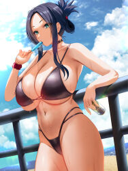 1girl absurdres bare_shoulders bikini black_bikini black_hair blue_sky breasts choker cleavage collarbone eating folded_ponytail food green_eyes highleg highleg_bikini highres kisaragi_tsurugi large_breasts long_hair looking_at_viewer mizuhara_archuleta navel parted_bangs popsicle sidelocks sky solo sweat swimsuit tatakau_ataisuru thighs