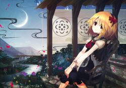 Rule 34 | 1girl, adapted costume, ascot, black dress, blonde hair, blue sky, bow, bridge, chair, choker, cloud, cobblestone, crescent moon, cross, dress, flower, flower pot, foliage, from side, hair bow, hairband, horizon, kusakanmuri, long sleeves, looking at viewer, looking to the side, moon, outdoors, outstretched arms, own hands together, petals, red bow, red eyes, river, rumia, short hair, sitting, sky, smile, smoke, solo, touhou, v arms, violet (flower)