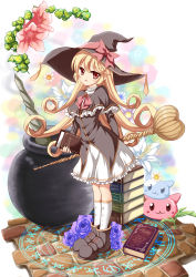Rule 34 | 1girl, :3, black footwear, blonde hair, book, book stack, bow, cauldron, cobblestone, daisy, flower, gradient background, hat, hat bow, highres, kenkou toshikou, lily (flower), long hair, looking at viewer, open mouth, original, plant, red eyes, shoes, socks, staff, white legwear, witch, witch (puyopuyo), witch hat