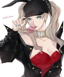 Rule 34 | 1girl, animal ears, arm up, black jacket, blonde hair, blowing, blue eyes, blue nails, breasts, rabbit ears, chewing gum, cleavage, collarbone, commentary, earrings, english commentary, fake animal ears, hat, highres, jacket, jewelry, leotard, lips, long hair, long sleeves, looking at viewer, medium breasts, nail polish, persona, persona 5, pertex 777, playboy bunny, simple background, solo, takamaki anne, twintails, white background