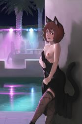 Rule 34 | 1girl, animal ears, black dress, blush, breasts, breasts apart, brown eyes, brown hair, cat ears, cat girl, cat tail, clothes pull, dress, dress pull, exhibitionism, fang, feet out of frame, from side, grey thighhighs, highres, looking at viewer, looking to the side, night, nipples, no bra, one breast out, original, outdoors, paintrfiend, palm tree, parted lips, pool, public indecency, pulling own clothes, small breasts, smile, solo focus, standing, tail, thighhighs, topless, tree, undressing