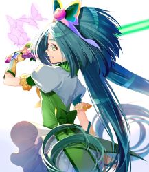 Rule 34 | 1girl, absurdres, akimoto komachi, back bow, beam saber, blue hair, bow, bug, butterfly, clothes lift, cowboy shot, cure mint, elbow gloves, fingerless gloves, floating hair, flower, from side, gloves, green bow, green eyes, grin, hair flower, hair ornament, highres, holding, holding sword, holding weapon, insect, long hair, miniskirt, pink flower, precure, profile, shirt, short sleeves, skirt, skirt lift, smile, solo, standing, sword, twintails, very long hair, weapon, white background, white shirt, white skirt, yellow gloves, yes! precure 5, yes! precure 5 gogo!, yuutarou (fukiiincho)