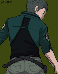 Rule 34 | 1boy, badge, belt, black shirt, closed mouth, cropped jacket, from behind, frown, green background, green jacket, green theme, grey hair, grey pants, holding, holding sword, holding weapon, jacket, kuruma squad&#039;s uniform, looking at viewer, male focus, murakami kou, omusubi (pixiv67560767), pants, pocket, profile, shirt, short hair, sideways glance, simple background, sleeves past elbows, solo, spiked hair, sword, weapon, world trigger