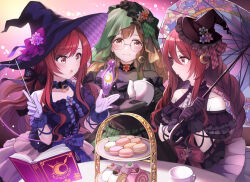 Rule 34 | 3girls, alstroemeria (idolmaster), black dress, black gloves, blue dress, blush, book, braid, brown eyes, brown hair, cake, choker, closed mouth, collarbone, crescent choker, cup, dress, food, frilled choker, frilled dress, frills, glasses, gloves, green dress, hair between eyes, hair ribbon, hat, hat ribbon, holding, holding teapot, holding umbrella, holding wand, idolmaster, idolmaster shiny colors, kuwayama chiyuki, long braid, long hair, looking at viewer, low twintails, macaron, magic, mini hat, mini witch hat, multiple girls, official alternate costume, official alternate hairstyle, open mouth, osaki amana, osaki tenka, purple gloves, red hair, ribbon, siblings, sisters, smile, swept bangs, swiss roll, table, teacup, teapot, tuna picture, twin braids, twins, twintails, umbrella, veil, wand, witch, witch hat, yellow eyes