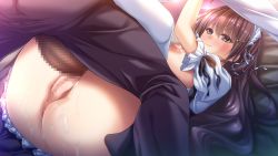 Rule 34 | 1girl, bed, blush, breasts, breasts out, brown eyes, brown hair, censored, closed mouth, clothes lift, embarrassed, frills, fumikura hoshie, game cg, groin, imminent penetration, indoors, large breasts, legs, legs up, long hair, looking up, lying, maid headdress, matching hair/eyes, mosaic censoring, nipples, no panties, on bed, original, penis, pussy, reactance: futsugou na shinjitsu, skirt, skirt lift, smile, teeta j, thighhighs, thighs, upskirt