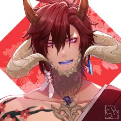 Rule 34 | 1boy, au ra, black hair, collarbone, colored tongue, commentary request, dragon boy, dragon horns, earrings, extra horns, eyelashes, eyeliner, final fantasy, final fantasy xiv, hair between eyes, highres, horns, jewelry, makeup, male focus, medium hair, open mouth, pink eyes, ponytail, portrait, purple tongue, red eyeliner, shiroesa, shoulder tattoo, signature, simple background, slit pupils, solo, tattoo, teeth
