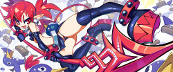 Rule 34 | 1girl, bare shoulders, black gloves, black panties, black skirt, black thighhighs, boots, bracelet, breasts, disgaea, earrings, elbow gloves, etna (disgaea), fang, full body, gloves, gluteal fold, highres, jewelry, krokobyaka, legs, matching hair/eyes, midriff, miniskirt, open mouth, panties, pantyshot, pointy ears, polearm, prinny, red eyes, red hair, skirt, skull earrings, sleeveless, slit pupils, small breasts, smile, spear, thigh boots, thighhighs, twintails, underwear, weapon