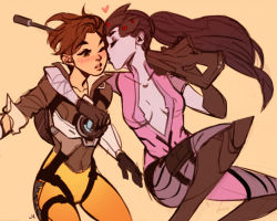 Rule 34 | 2girls, backpack, bag, blush, bodysuit, bomber jacket, breasts, brown hair, center opening, colored skin, eyebrows, female focus, gun, heart, jacket, jennifer aberin johnson, kiss, kissing cheek, long hair, multiple girls, no goggles, over shoulder, overwatch, overwatch 1, ponytail, purple skin, rifle, short hair, simple background, small breasts, sniper rifle, standing, surprised, tracer (overwatch), weapon, weapon over shoulder, widowmaker (overwatch), yuri