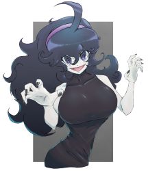 Rule 34 | absurdres, aged up, alternate breast size, black dress, breasts, creatures (company), dress, game freak, hex maniac (pokemon), highres, huge breasts, large breasts, long hair, looking at viewer, messy hair, nintendo, pokemon, pokemon xy, self-upload, skin tight, solo, tight clothes, tight dress, unkempt, yodokogon