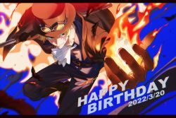 Rule 34 | 1boy, ascot, blonde hair, coat, eyewear on headwear, fire, happy birthday, hat, highres, holding, holding smoking pipe, holding weapon, letterboxed, long sleeves, male focus, one piece, qin (7833198), sabo (one piece), scar, scar on face, smile, smoking pipe, solo, weapon