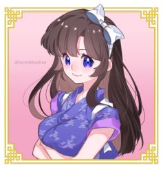 Rule 34 | 1girl, blue eyes, blue kimono, breast rest, breasts, brown hair, closed mouth, crossed arms, framed, hairband, japanese clothes, kimono, kuonji ukyou, long hair, print kimono, ranma 1/2, smile, solo, tabby chan, upper body, white hairband