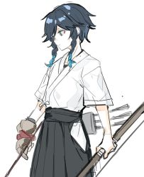 Rule 34 | 1boy, alternate costume, arrow (projectile), black hair, blue hair, bow (weapon), braid, brown gloves, genshin impact, gloves, hakama, hakama skirt, holding, holding arrow, holding bow (weapon), holding weapon, japanese clothes, male focus, multicolored hair, quiver, simple background, single glove, sketch, skirt, solo, tkt (tango 0906), venti (genshin impact), weapon, white background