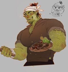 Rule 34 | 1boy, arm hair, bara, booboo (19816236), chef, chest hair, colored skin, cropped legs, doodle inset, facial hair, food, goatee stubble, green skin, hairy, happy, head scarf, highres, huge pectorals, incoming food, looking at viewer, male focus, mature male, meat, monster boy, muscular, muscular male, orc, original, pectoral cleavage, pectorals, pointy ears, sanpaku, scar, scar on arm, sparkling aura, stubble, thick eyebrows, tusks, vitiligo