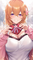Rule 34 | 1girl, aged up, alternate breast size, blush, box, breasts, cleavage, commentary, gochuumon wa usagi desu ka?, hair between eyes, hair ornament, hairclip, heart-shaped box, highres, hoto cocoa, ks (xephyrks), large breasts, long hair, long sleeves, looking at viewer, orange hair, parted lips, purple eyes, shirt, smile, snowing, solo, upper body, valentine, white shirt