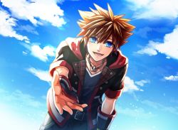 Rule 34 | 1boy, belt buckle, black jacket, black shirt, blue eyes, blue sky, brown eyes, buckle, chain necklace, cloud, cloudy sky, cowboy shot, hair between eyes, hood, hood down, hooded jacket, jacket, jewelry, kingdom hearts, kingdom hearts iii, leaning forward, looking at viewer, lower teeth only, male focus, multicolored clothes, multicolored jacket, necklace, open mouth, outdoors, reaching, reaching towards viewer, red jacket, shirt, short hair, short sleeves, sky, smile, solo, sora (kingdom hearts), spiked hair, teeth, twilightend, two-tone jacket
