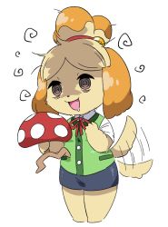 Rule 34 | 1girl, @ @, afterimage, animal crossing, animal ears, barefoot, bell, blonde hair, blue skirt, dog ears, dog girl, dog tail, drooling, female focus, flat chest, full body, furry, furry female, green vest, hair bell, hair ornament, hair tie, hands up, happy, highres, holding, isabelle (animal crossing), jingle bell, jpeg artifacts, keriage, legs together, messy hair, mind control, miniskirt, mother (game), motion lines, mushroom, neck ribbon, nintendo, open mouth, pencil skirt, plaid, plaid vest, ramblin&#039; evil mushroom, red ribbon, ribbon, saliva, shirt, short hair, short sleeves, simple background, skirt, smile, solo, standing, super smash bros., tail, tail wagging, topknot, vest, white background, white shirt