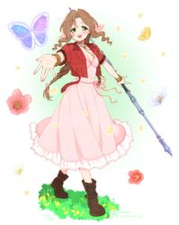 Rule 34 | 1girl, aerith gainsborough, bangle, blush, boots, bracelet, braid, braided ponytail, breasts, brown hair, bug, butterfly, choker, cleavage, cropped jacket, dress, falling leaves, final fantasy, final fantasy vii, final fantasy vii remake, flower, flower choker, full body, green eyes, hair ribbon, holding, holding staff, insect, jacket, jewelry, krudears, leaf, long dress, medium breasts, open mouth, parted bangs, pink dress, pink ribbon, red jacket, ribbon, short sleeves, sidelocks, simple background, smile, solo, square enix, staff, sundress, wavy hair