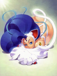 Rule 34 | animal ears, animal hands, blue eyes, blue hair, bug, butterfly, capcom, cat ears, cat tail, felicia (vampire), fur, insect, long hair, slit pupils, solo, squatting, tail, vampire (game)
