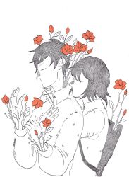 Rule 34 | 1boy, 1girl, black hair, ceruleanwax, closed eyes, collared shirt, flower, from behind, highres, hug, leaf, no mouth, original, quiver, red flower, shirt, short hair, signature, simple background, spot color, thorns, upper body, white background, white shirt