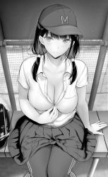 Rule 34 | 1girl, baseball uniform, blush, breasts, cleavage, gentsuki, greyscale, highres, large breasts, long hair, looking at viewer, monochrome, original, see-through, sitting, smile, solo, sportswear, tagme