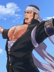 Rule 34 | 1boy, abs, areola slip, armband, artist name, bandages, bara, bare pectorals, beard, black hair, buttons, cheering, chest hair, cloud, cloudy sky, collared jacket, facial hair, frown, golden kamuy, hairy, headband, jacket, large pectorals, looking to the side, male focus, mature male, muscular, muscular male, nipple slip, nipples, nopinzo, open clothes, open jacket, open mouth, ouendan, outstretched arms, pectorals, short hair, sky, solo, spread arms, tanigaki genjirou, thick eyebrows, upper body