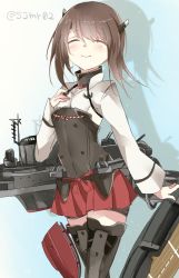 Rule 34 | 10s, 1girl, brown hair, headband, headgear, kantai collection, machinery, shijima (sjmr02), short hair, simple background, skirt, smile, solo, taihou (kancolle), thighhighs